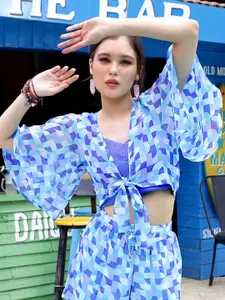 Sera Blue & White Geometric Printed Crop Tie-Up Shrug