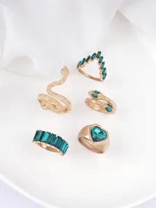 BEWITCHED Set of 5 Gold-Plated Stone-Studded Snake Designed Finger Ring