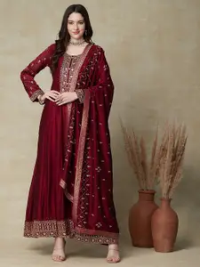 FASHOR Embroidered Maxi Ethnic Dress With Dupatta