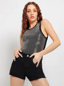 FREAKINS Women Slim Fit High-Rise Black Denim Shorts