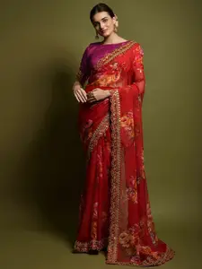Satrani Red & Peach-Coloured Floral Printed Mirror Work Saree