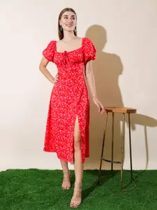 Stylecast X Hersheinbox Floral Print Puff Sleeves Crepe Empire Midi Dress