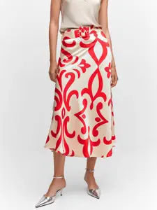 MANGO Satin Finish Floral Printed A-Line Midi Skirt