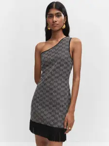 MANGO Chevron Crochet One Shoulder Fringed Sheath Mini Dress