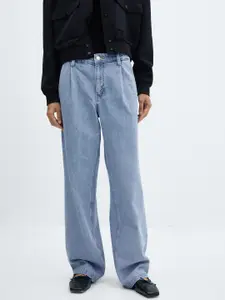 MANGO Women Cotton Straight Pleated Jeans
