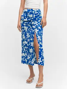 MANGO Floral Printed Ruched Detail Front Slit Straight Midi Skirt