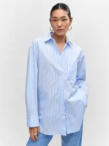 MANGO Pure Cotton Striped Oversize Longline Casual Shirt