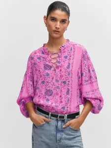 MANGO Floral Print Tie-Up Neck Puff Sleeve Top