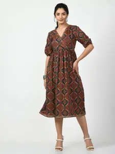 DressBerry Rust Ethnic Motifs Printed Puff Sleeve Gathered Cotton Fit & Flare Midi Dress