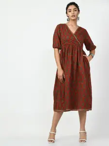 DressBerry Rust Floral Printed Puff Sleeve Gathered Cotton Fit & Flare Midi Dress