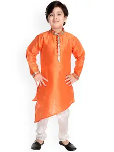 BAESD Boys Band Collar Asymmetric Dupion Silk Straight Kurta with Pyjamas