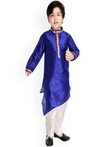 BAESD Boys Band Collar Asymmetric Dupion Silk Straight Kurta with Pyjamas