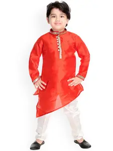 BAESD Boys Band Collar Asymmetric Dupion Silk Straight Kurta with Pyjamas