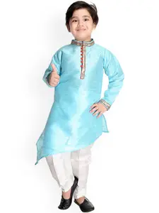 BAESD Boys Mandarin Collar Asymmetric Hem Dupion Silk Kurta With Pyjamas