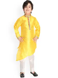 BAESD Boys Band Collar Asymmetric Dupion Silk Straight Kurta with Pyjamas
