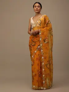 KALKI Fashion Floral Printed Beads and Stones Organza Saree With Blouse
