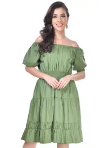Beatnik Off-Shoulder Puff Sleeves Smocked Pure Cotton Fit & Flare Dress