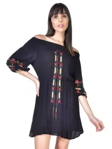 Beatnik Ethnic Motifs Embroidered Off-Shoulder Smocked Tie-Up Pure Cotton A-Line Dress
