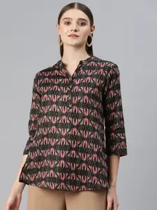 Cottinfab Print Mandarin Collar Cotton Shirt Style Longline Top