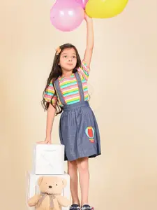 LilPicks Girls Striped Printed Pure Cotton Top With Denim Dungaree Skirt