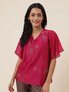Fabindia Floral Embellished Flared Sleeve Cotton Top