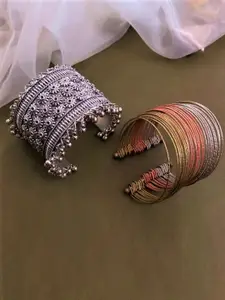 ATIBELLE Set Of 2 Silver-Plated Ghunghroo Stone Studded Bangles