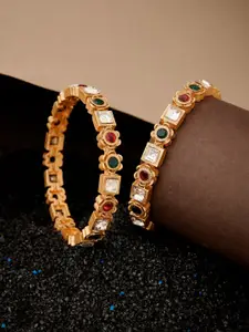 ATIBELLE Set of 2 Gold-Plated Stone-Studded Floral Bangles