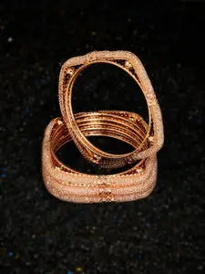 ATIBELLE Set Of 4 Rose Gold-Plated Stones-Studded Round-Square Shaped Bangles