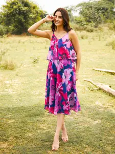 MABISH by Sonal Jain Floral Printed Shoulder Straps Ruffles Georgette A-Line Midi Dress