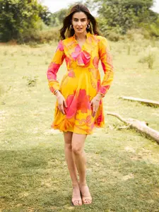 MABISH by Sonal Jain Floral Printed Ruffles Georgette Fit & Flare Mini Dress