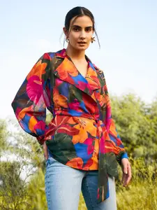 MABISH by Sonal Jain Floral Print Cuffed Sleeve Georgette Double Breasted Shirt Style Top