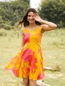 MABISH by Sonal Jain Floral Printed Tie Ups Georgette Fit & Flare Mini Dress