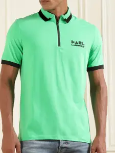 Karl Lagerfeld Men Green Polo Collar Applique T-shirt