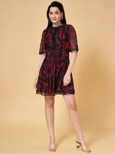 Honey by Pantaloons Floral Printed Round Flared Sleeve Lace Inserts Fit & Flare Dress