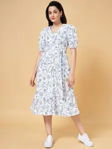 Honey by Pantaloons Floral Printed V-Neck Belted Tiered Cotton A-Line Midi Dress
