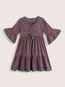 Sangria Girls Ethnic Motifs Printed Detail Pure Cotton Tie-Up Neck Tiered A-Line Dress