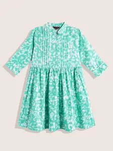 Sangria Girls Floral Printed Pure Cotton Pleated Detail Empire Dress