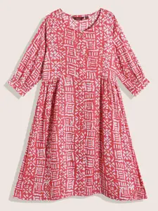 Sangria Girls Geometric Printed Pure Cotton Empire Style A-Line Kurta with Striped Detail