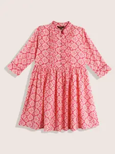 Sangria Girls Floral Printed Pure Cotton Pleated Detail Empire Dress