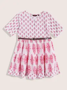 Sangria Girls Floral Printed Pure Cotton Tiered Fit & Flare Dress with Belt