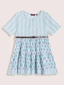 Sangria Girls Ethnic Motifs Printed Pure Cotton Tiered Fit & Flare Dress with Belt
