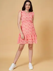 People Floral Printed Round Neck Ruffled A-Line Dress