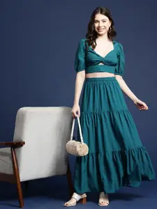 Mast & Harbour Sweetheart Neck Cut Out Detail Puff Sleeves Crop Top with Tiered Maxi Skirt