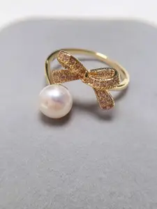 VIEN Gold-Plated CZ & Pearl Studded Adjustable Finger Ring