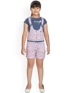 Peppermint Girls Printed Flared Dungarees With T-Shirt