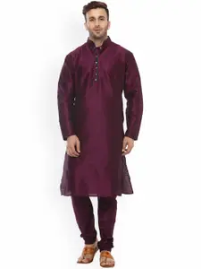 Hangup Men Burgundy Solid A-Line Dupain Silk Kurta