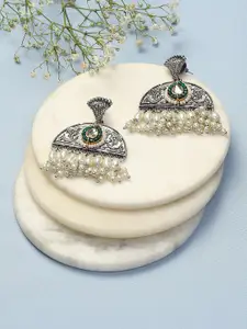Biba Silver Plated Stone Studded & Beaded Oxidised Drop Earrings