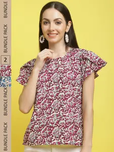 Poshyaa Pack Of 2 Floral Printed Flutter Sleeves Top