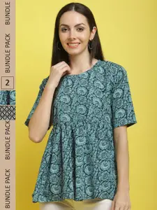 Poshyaa Pack Of 2 Floral Printed Gathered Top