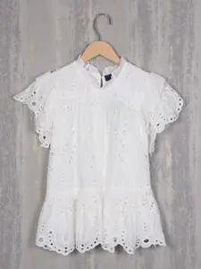 Albion Girls Self Design Embellished Schiffli Cotton A-Line Dress